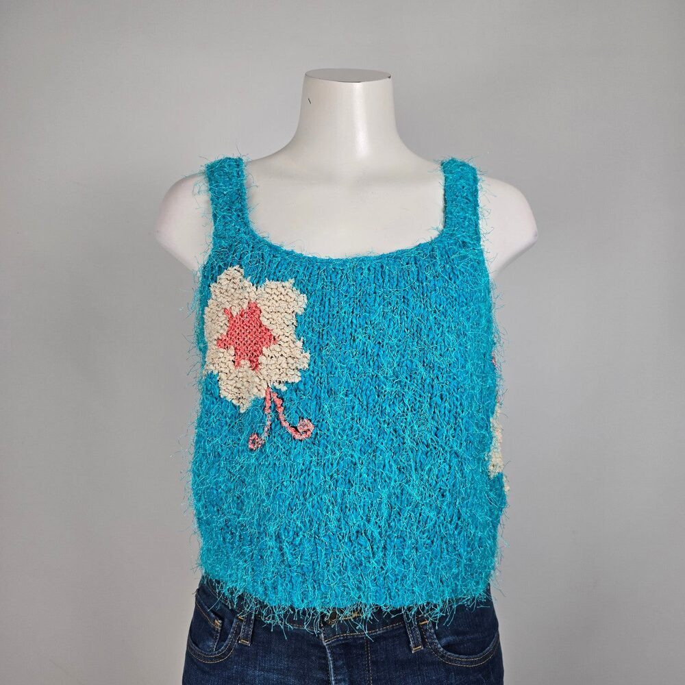 Vintage Mona's Handknit Teal Flower Knit Tank Top Size S